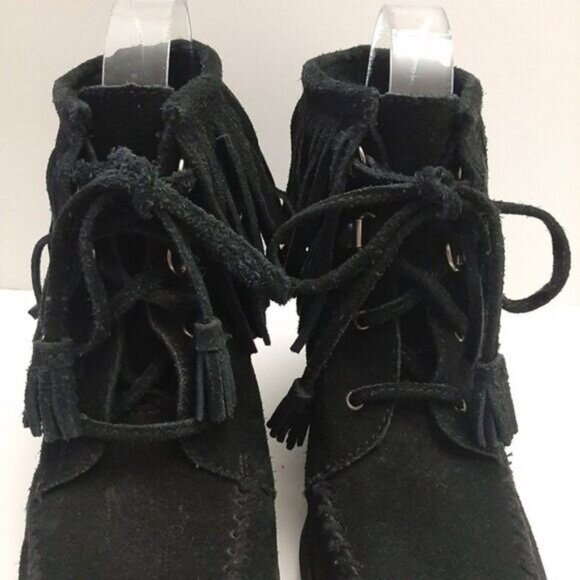 MINNETONKA Fringe Suede Lace-Up Wedge Heel Booties Black Size 6.5 - Picture 6 of 16